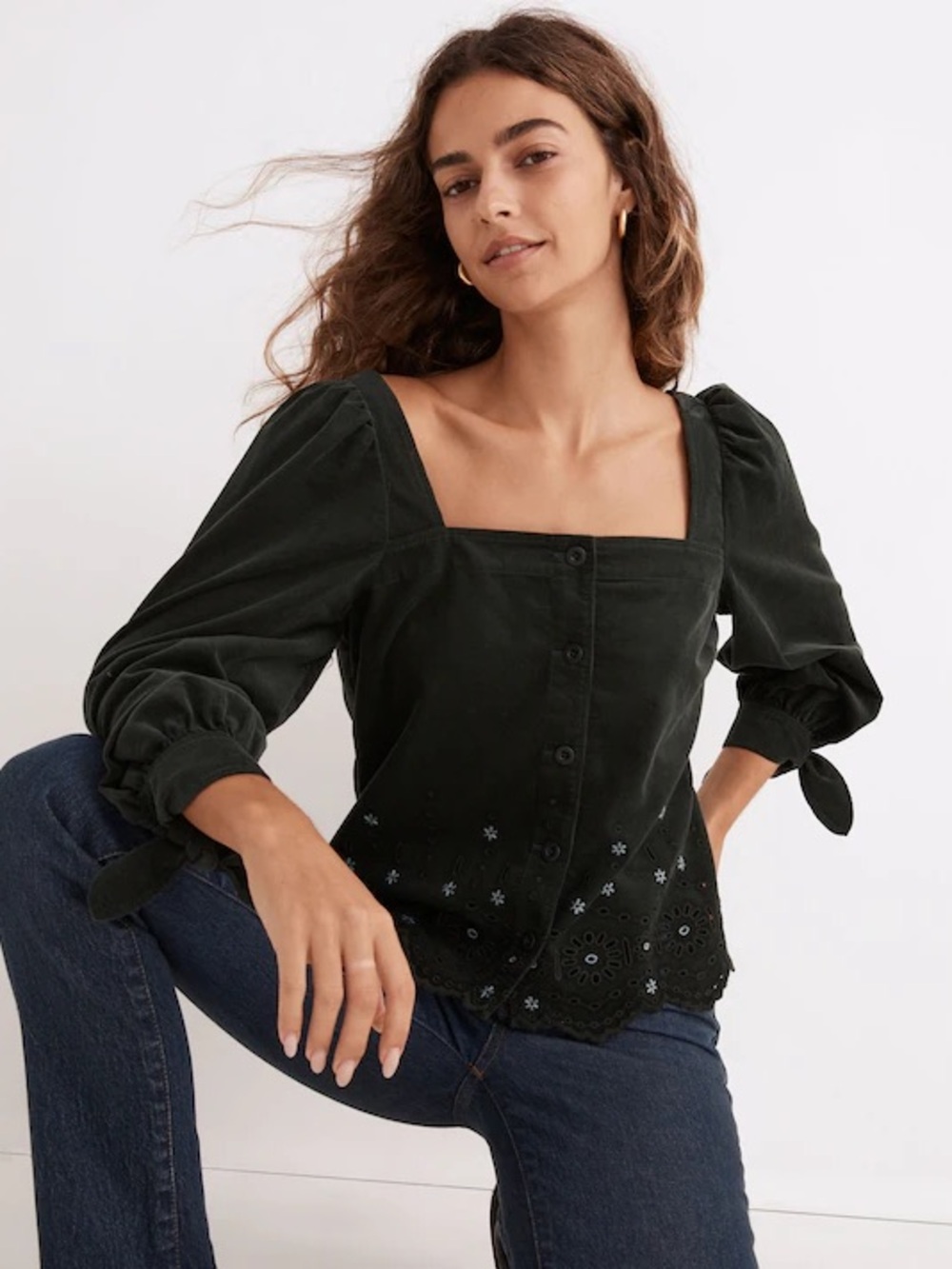 Madewell Embroidered Eyelet Corduroy Tie-Sleeve Top 100% Cotton Size XS